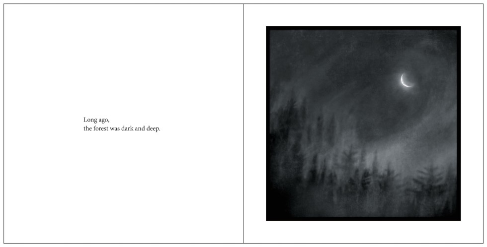 Book text, "Long ago, the forest was dark and deep," and image of the moon over trees.