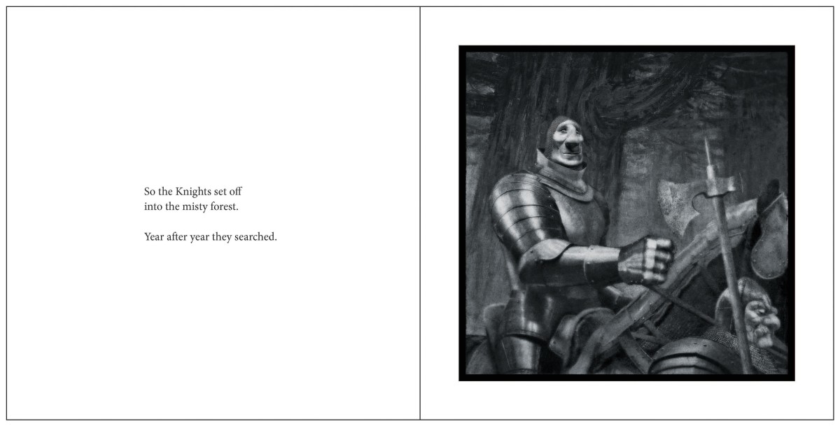 Book text, "So the Knights set off into the misty forest. Year after year they searched," and image of a knight on horseback.