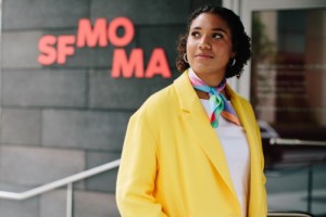Student intern at the entrance of the San Francisco Museum of Modern Art
