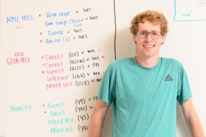 Noah Dean with a white board in the lab