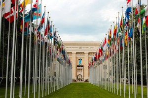 United Nations building with flags