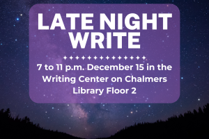 An image of the words "late night write" with a description "7 to 11 p.m. December 15 in the Writing Center on Chalmers Library Floor 2" on a background of the night sky