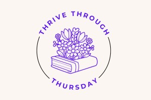 The image shows the thrive through Thursday logo, a book with plants coming out of it