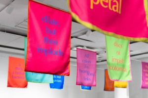 Renée Green, Space Poem #7 (Color Without Objects: Intra-Active May-Words), 2020. Poly Duck, 28 banners, each: 42 x 32 in. Edition of 1/3 + 1 AP. Image courtesy of the artist and Bortolami Gallery, New York.