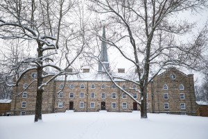 Old Kenyon residence hall in snow