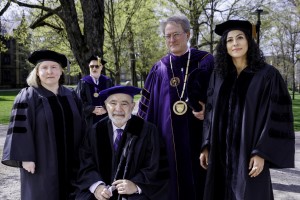 Award recipients pose with Acting President Jeff Bowman on Middle Path