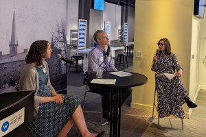 Professors Leah Dickens and Jay Corrigan with President Julie Kornfeld.