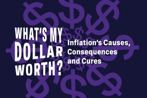 Purple dollar sign graphic with conference title