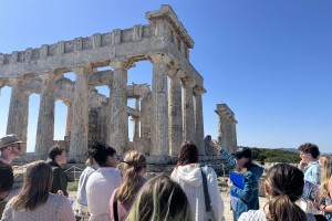 Professor Zoë Kontes points out the architectural refinements of the Temple of Aphaia on the island of Aegina.