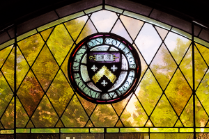 Ransom Hall Kenyon College seal in stained glass