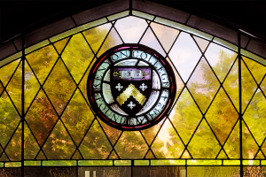 Kenyon College seal in stained glass