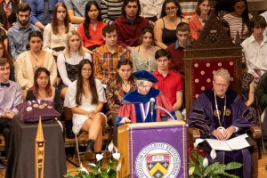 Laurie Finke delivers speech in Rosse Hall