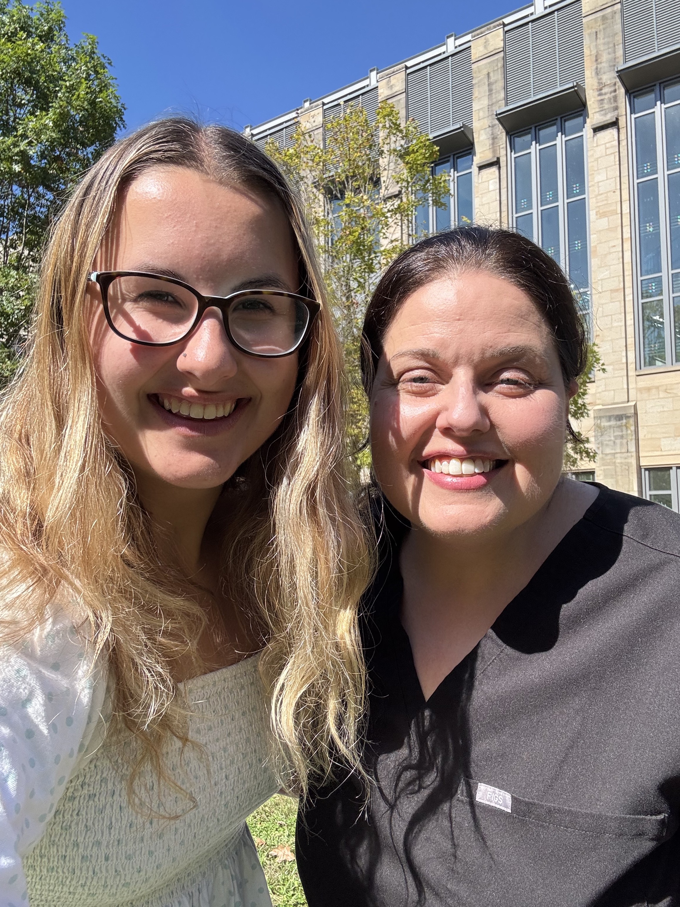KC-Meds President Ella Salvino ’26, left, shadowed Dr. Maggie Somple ’99 at Knox Community Hospital.