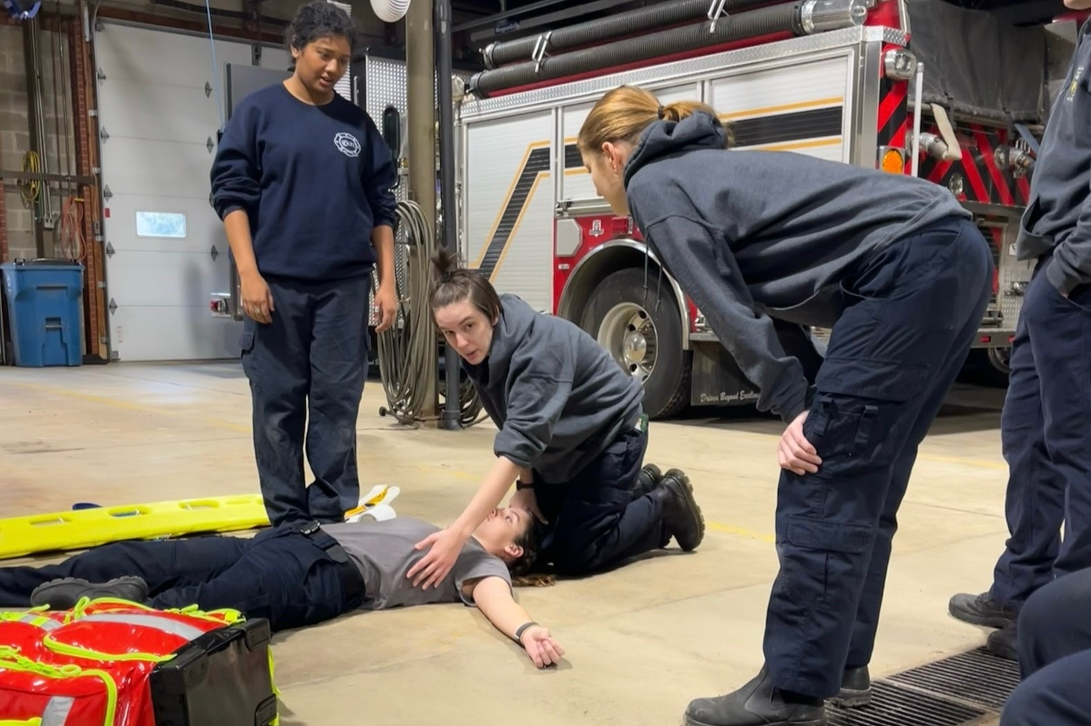 Students training at the fire department