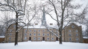 Old Kenyon residence hall in snow