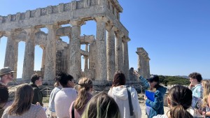 Professor Zoë Kontes points out the architectural refinements of the Temple of Aphaia on the island of Aegina.