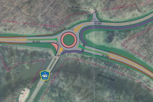 ODOT roundabout plan superimposed on aerial photo