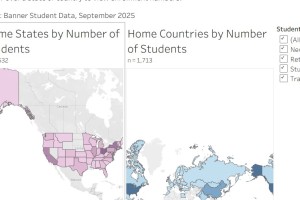 two chloropleth maps, one of the US and one of other nations, showing darker colors in areas that more Kenyon students call home