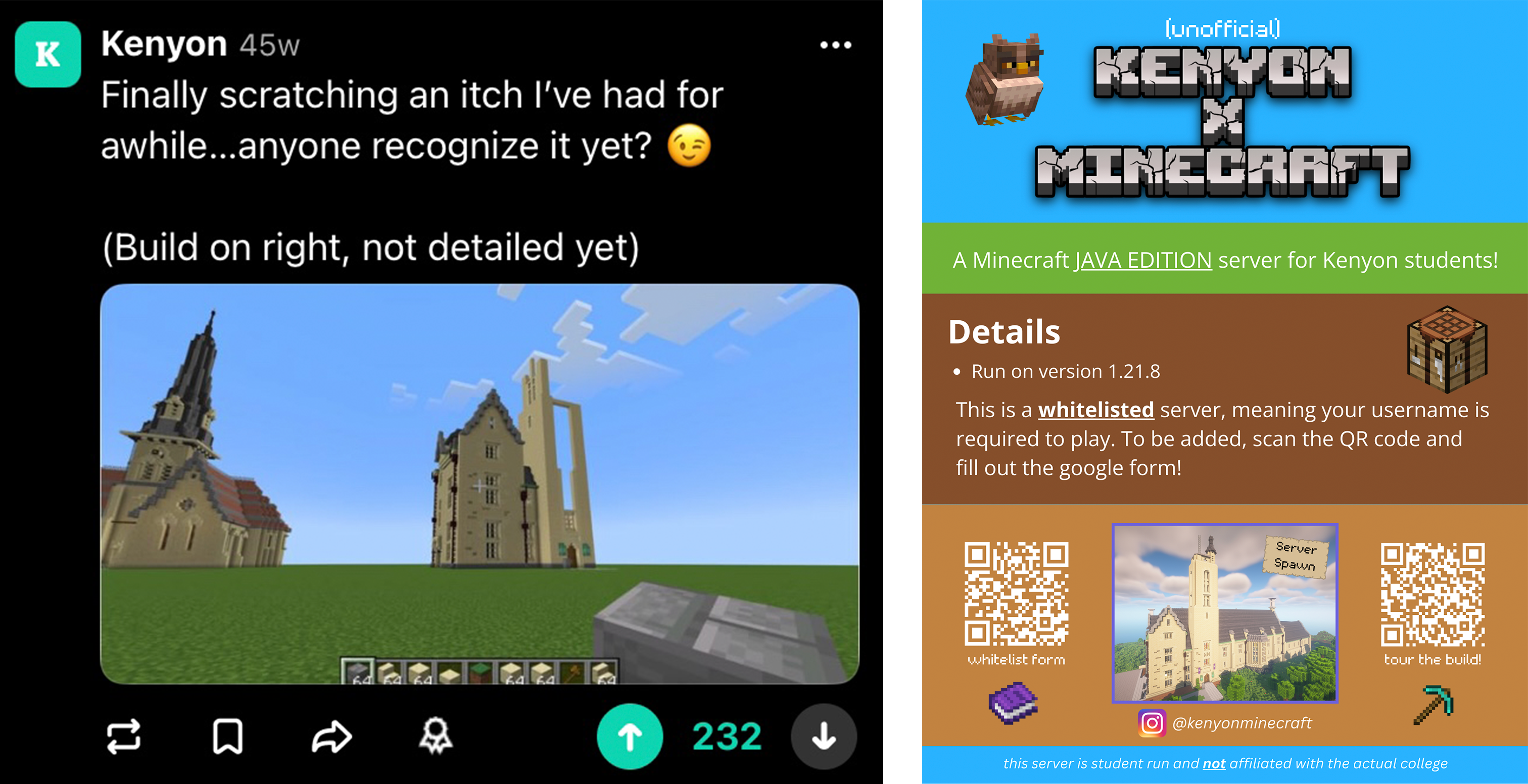 post about minecraft build; Kenyon Minecraft server
