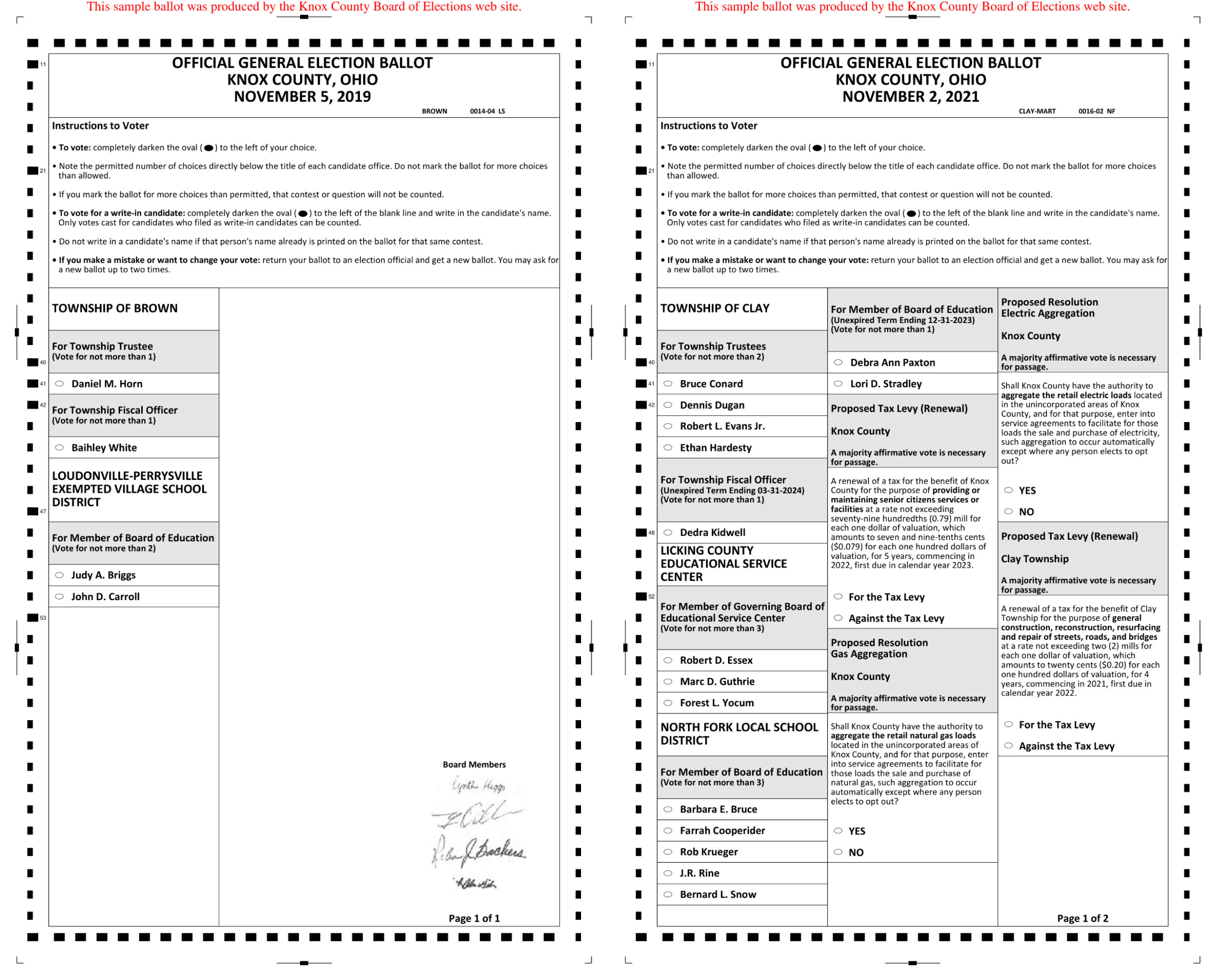 Figure 2. Left: A mostly-empty sample ballot from a 2019 Brown Township precinct with no contestation. Right: The first page of a sample ballot from a 2021 Clay Township precinct with high contestation.