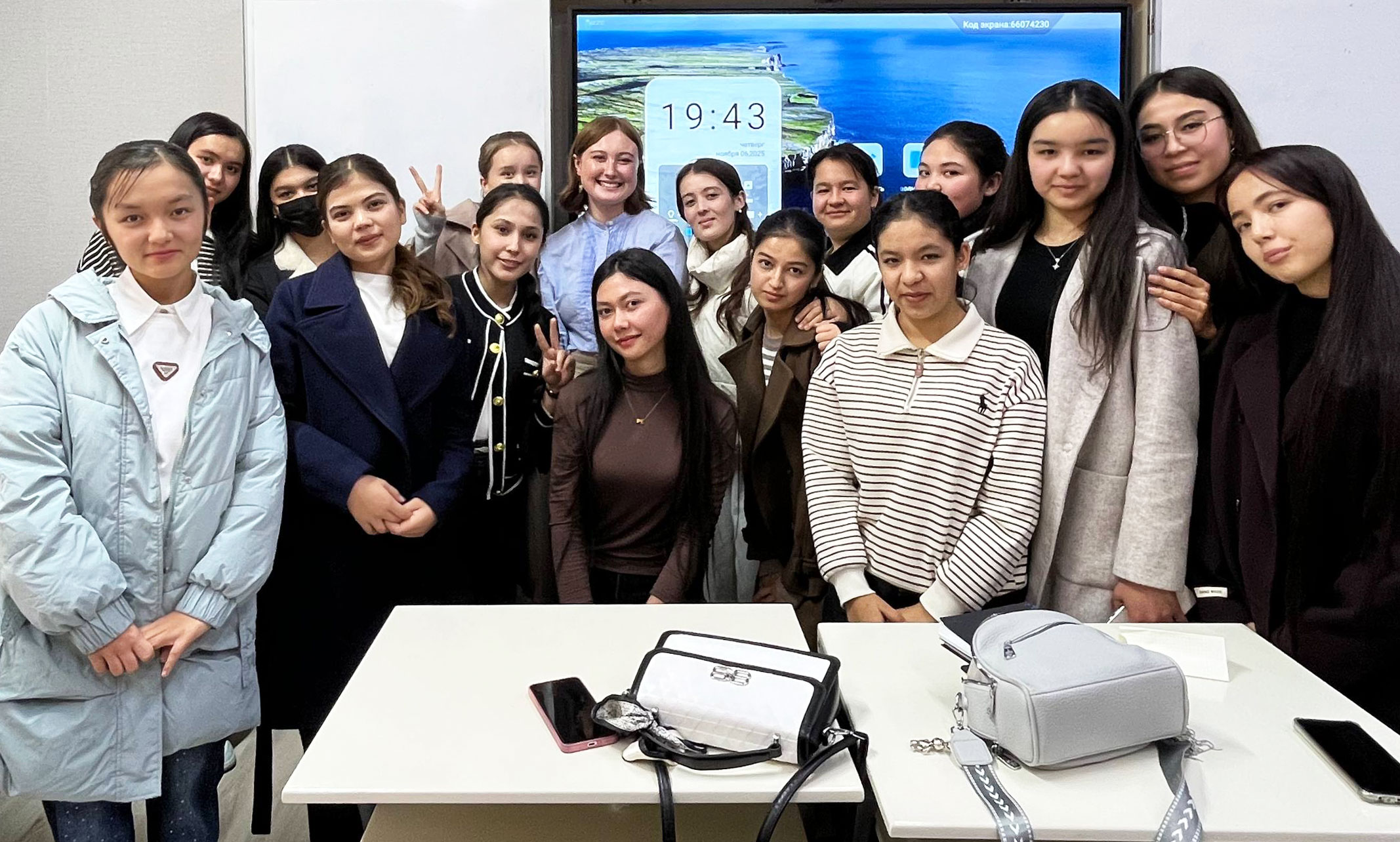Keiko Behrens &rsquo;25 (in blue blouse) with one of her classes in Uzbekistan. (Courtesy of Keiko Behrens &rsquo;25)