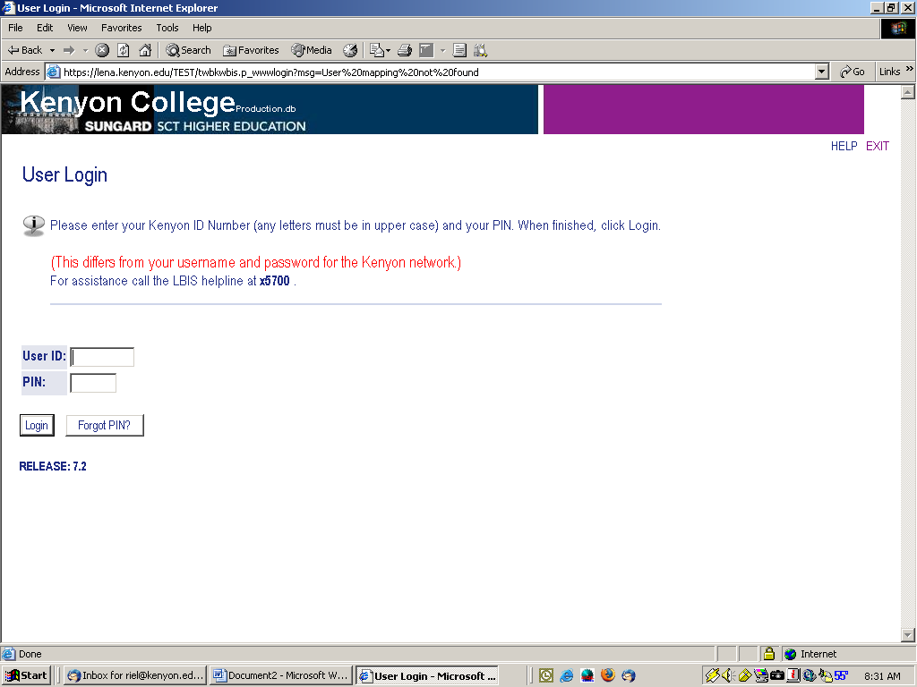 Screenshot of mybanner log in webpage