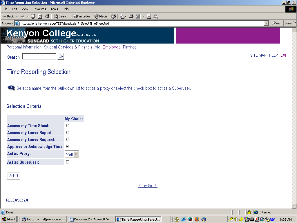 Screenshot of time reporting selection showing "proxy set up" option in the bottom center of the screen