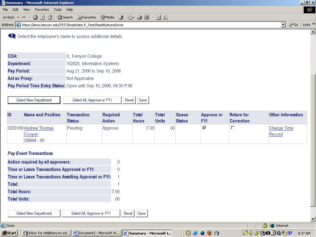 Screenshot of sample student's hours to review