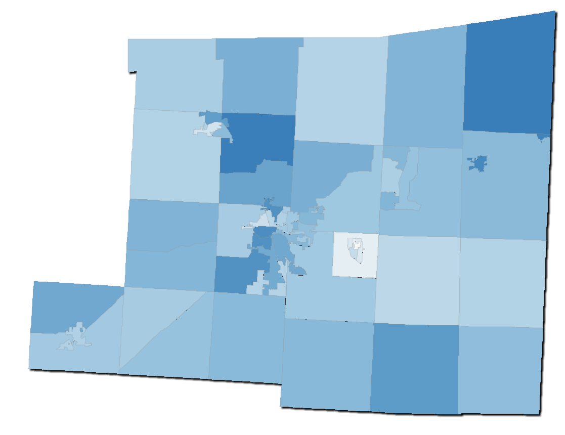 Map 2: Difference between the percentage of votes won by Sherrod Brown and Kamala Harris. Darker colors indicate a larger overperformance by Brown over Harris.