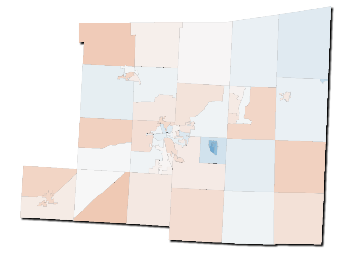 Map 3: A map of the results of the State Board of Education election in Knox County. Red represents precincts won by Goeller, and blue represents precincts won by Johnson. Lighter colors (seen throughout much of the map) indicate close contests.