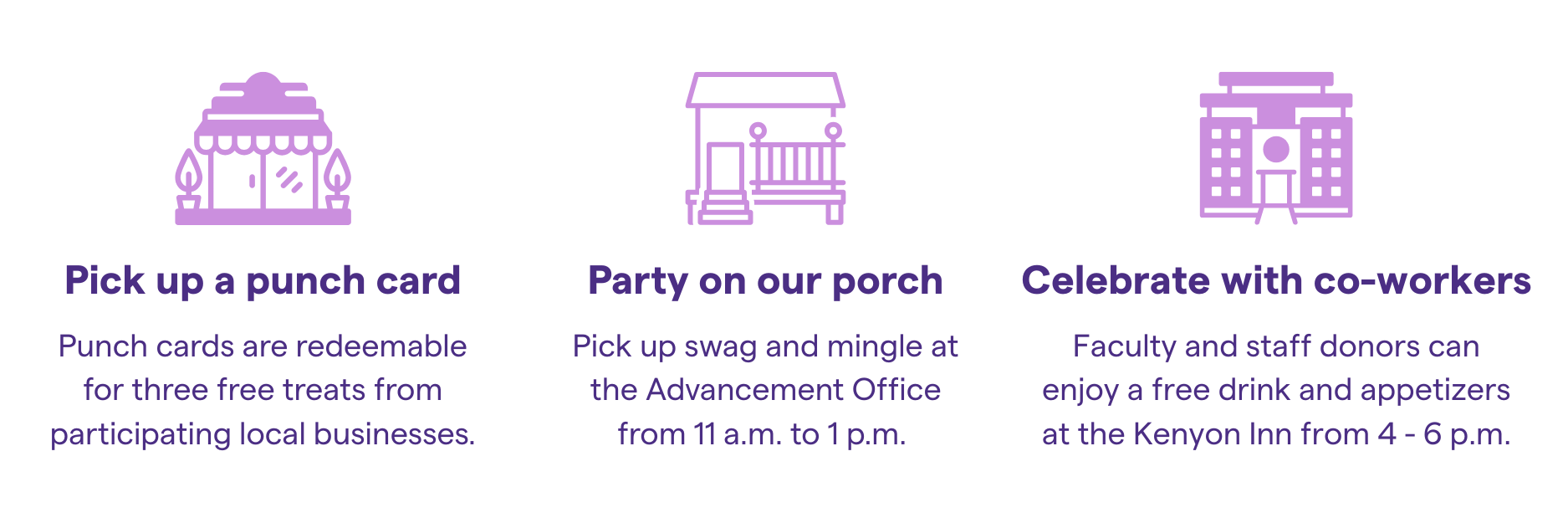 Pick up a punch card, party on our porch, celebrate with co-workers; details in the text below