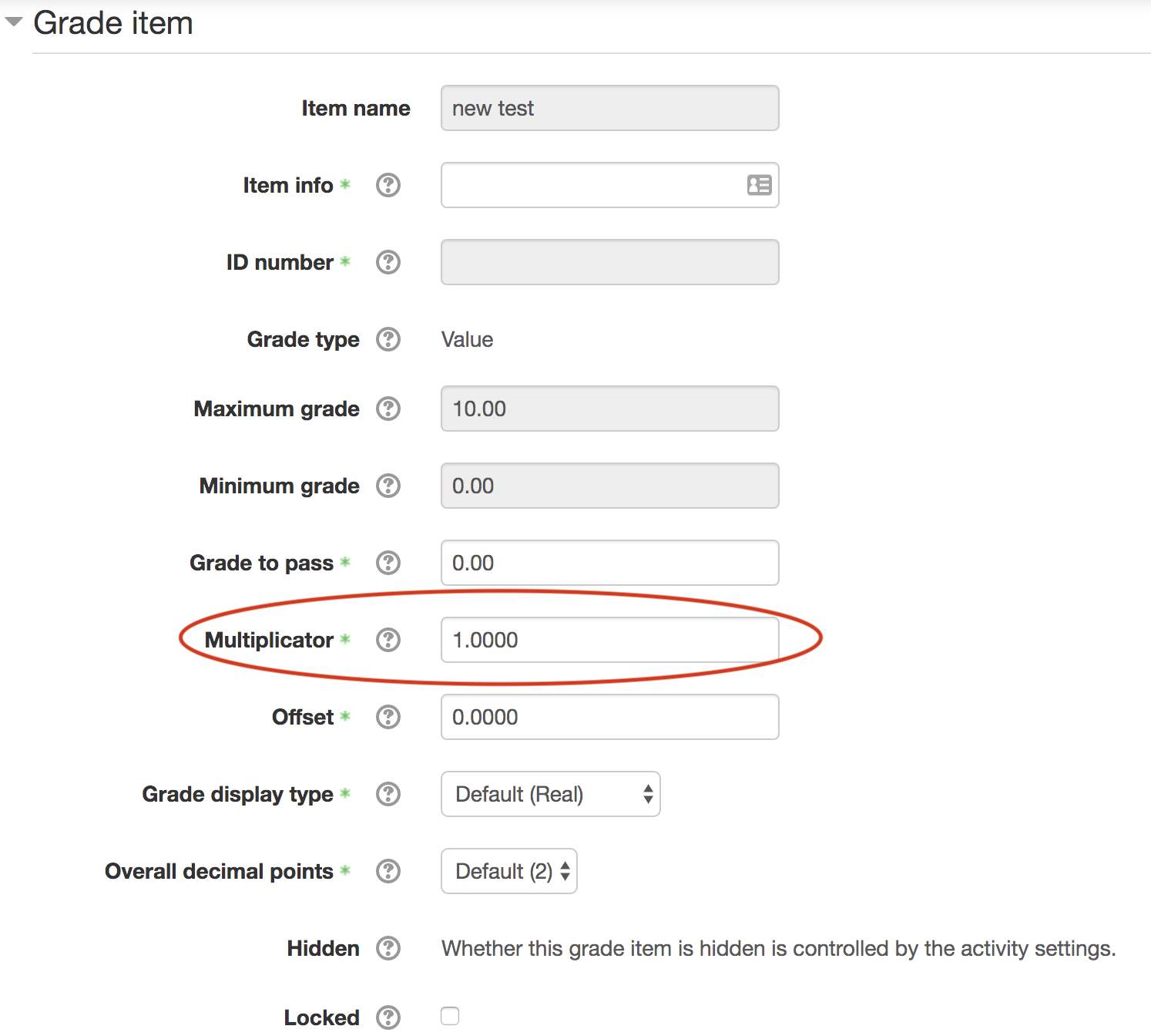 Screenshot: Grade Item settings with Multiplicator circled.