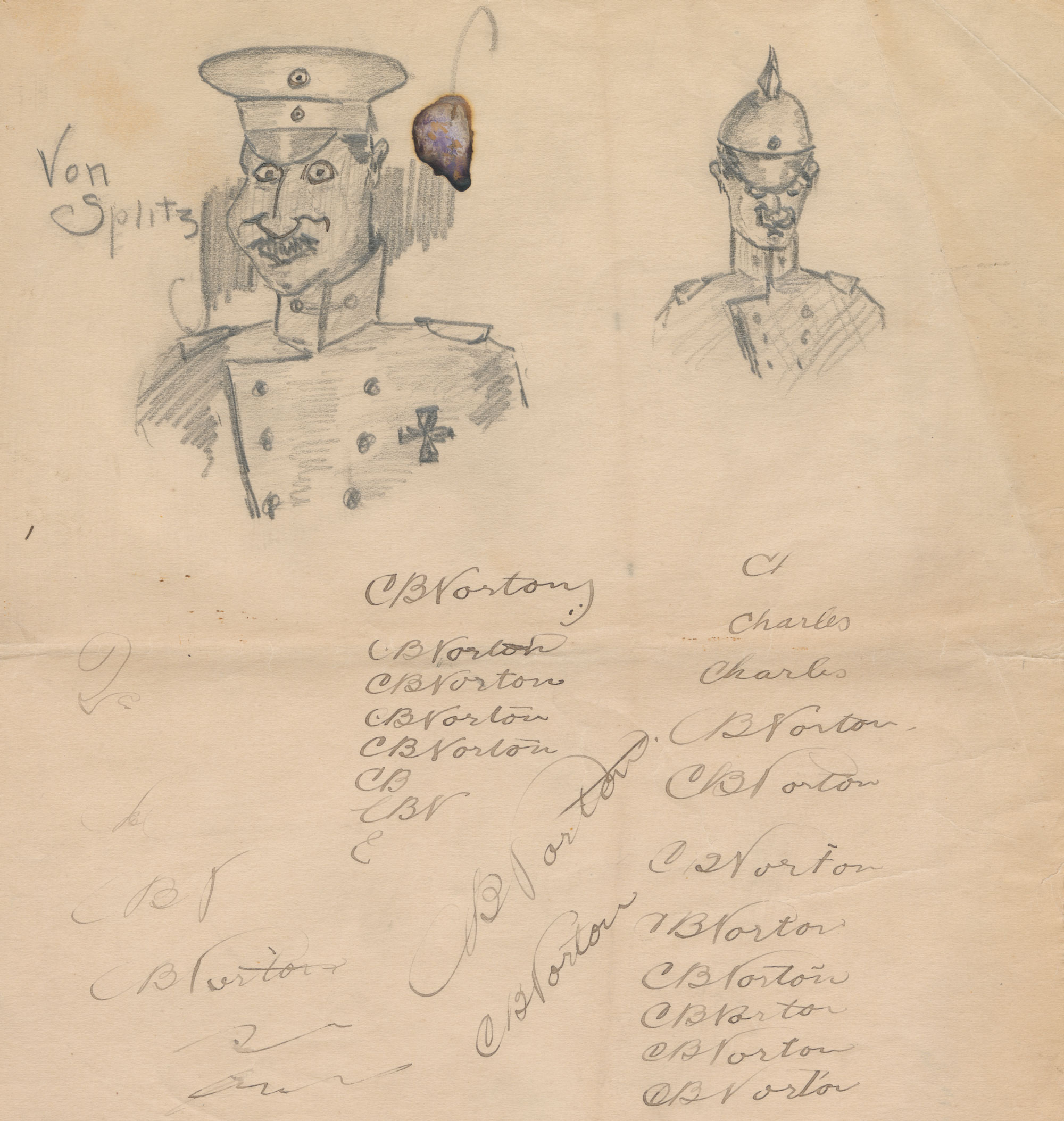 Sketch of soldier with handwritten notes