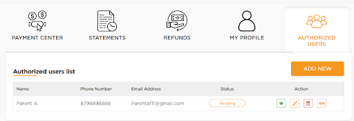 Authorized user menu with yellow add new button