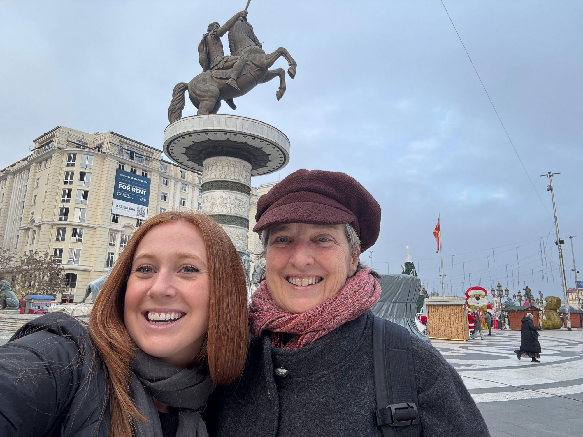 Laura Stuart Wickstead &rsquo;79 (right) in Skopje, North Macedonia.